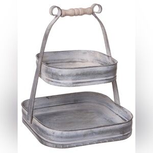 Double Tier Rustic Square Galvanized Metal Display Stand with Wooden Handle